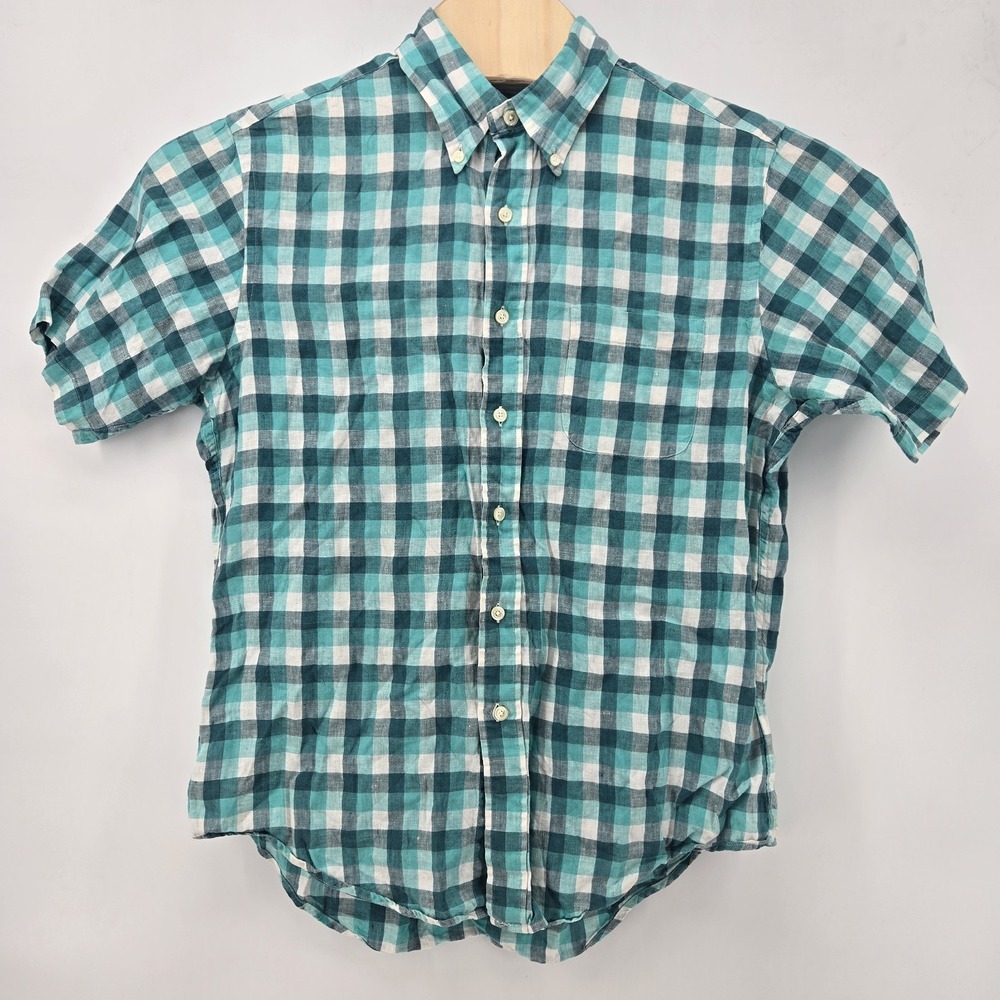 Brooks Brothers Linen Shirt Men's L Short Sleeve Blue Teal Check Cruise Resort
